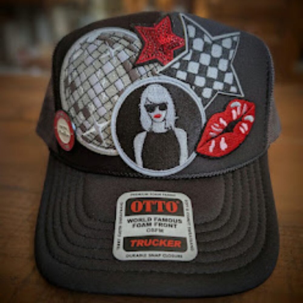 Taylor Swift trucker hat with iron on patches and pin